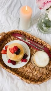 Easy Strawberry Pancakes with Honey Strawberry pancake breakfast with berries and coffee
